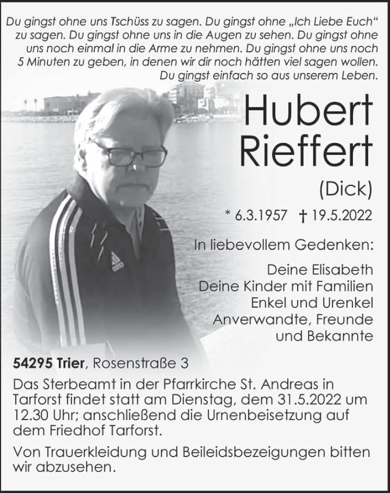  Traueranzeige für Hubert Rieffert vom 28.05.2022 aus trierischer_volksfreund