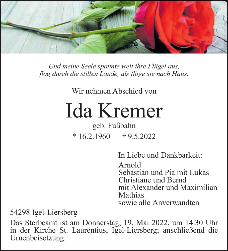  Traueranzeige für Ida Kremer vom 14.05.2022 aus trierischer_volksfreund