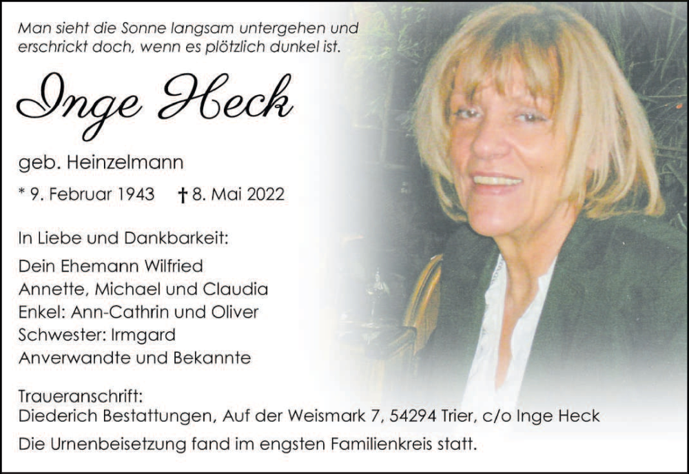  Traueranzeige für Inge Heck vom 25.05.2022 aus trierischer_volksfreund