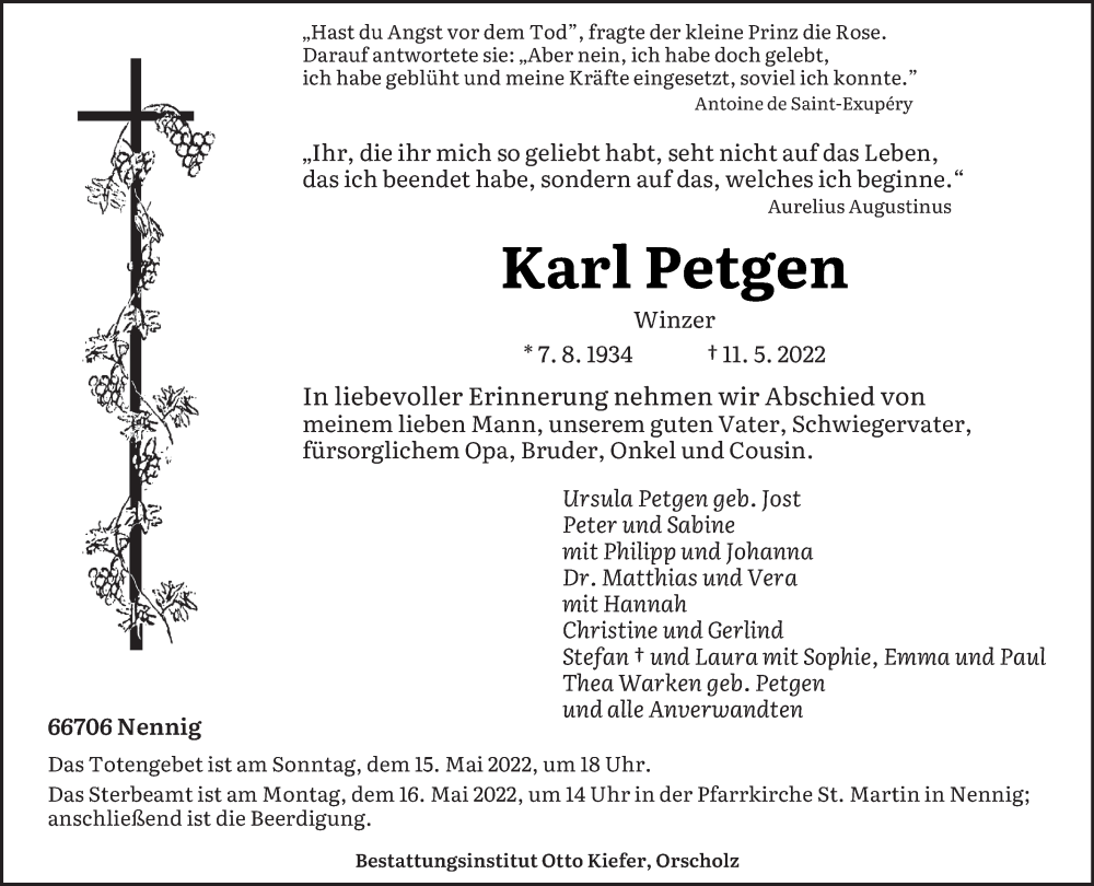 Traueranzeige für Karl Petgen vom 14.05.2022 aus trierischer_volksfreund