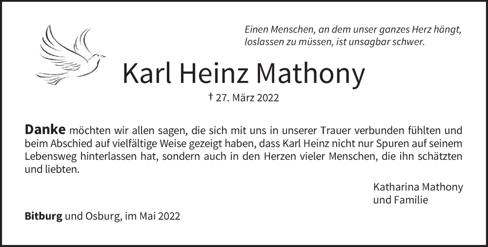  Traueranzeige für Karl Heinz Mathony vom 14.05.2022 aus trierischer_volksfreund