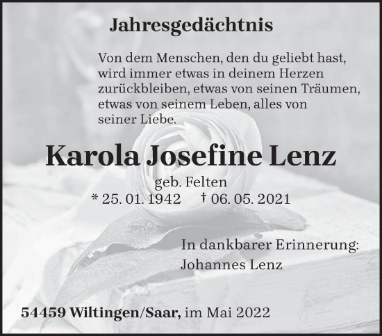 Traueranzeige von Karola Josefine Lenz von trierischer_volksfreund