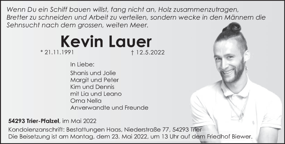  Traueranzeige für Kevin Lauer vom 21.05.2022 aus trierischer_volksfreund