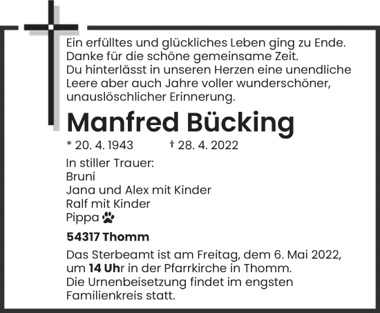 Traueranzeige von Manfred Bücking von trierischer_volksfreund