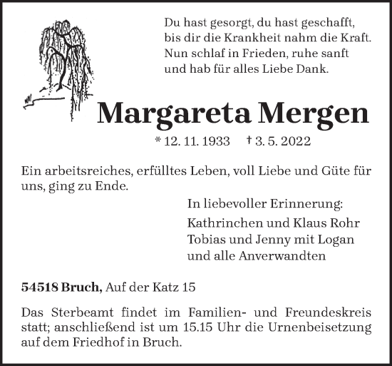 Traueranzeige von Margareta Mergen von trierischer_volksfreund
