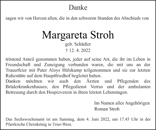 Traueranzeige von Margareta Stroh von trierischer_volksfreund