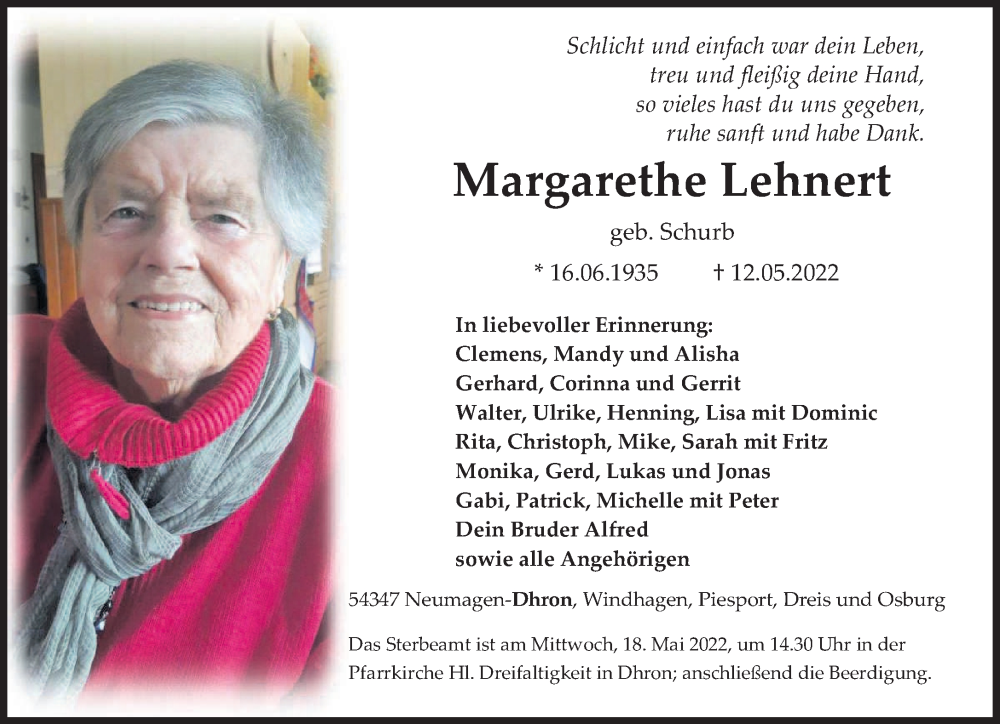  Traueranzeige für Margarethe Lehnert vom 14.05.2022 aus trierischer_volksfreund