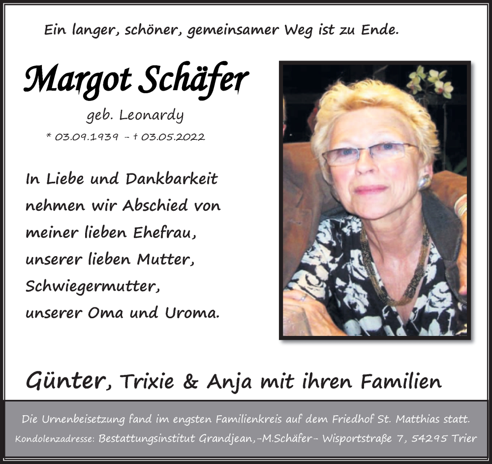  Traueranzeige für Margot Schäfer vom 14.05.2022 aus trierischer_volksfreund