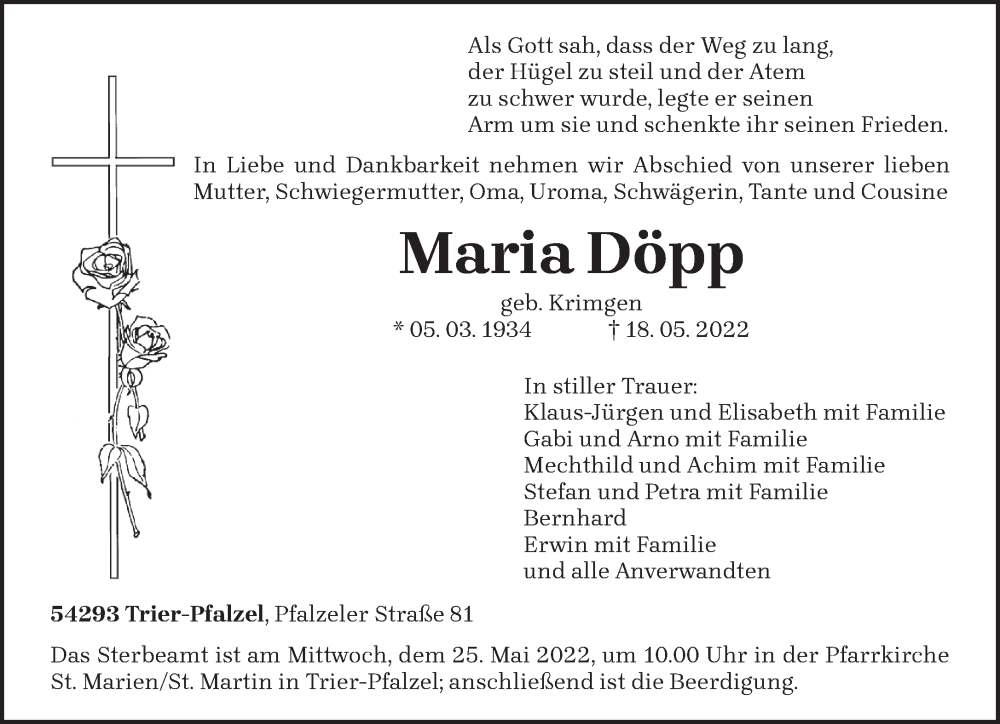  Traueranzeige für Maria Döpp vom 21.05.2022 aus trierischer_volksfreund