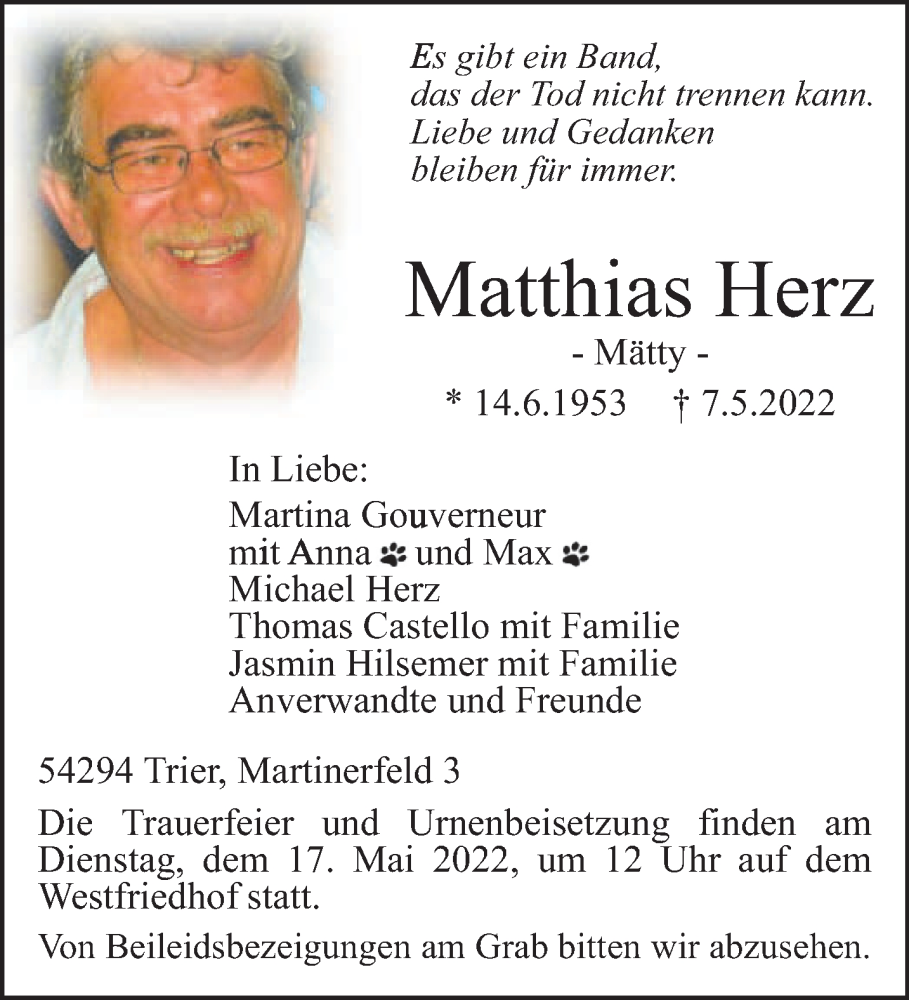  Traueranzeige für Matthias Herz vom 14.05.2022 aus trierischer_volksfreund
