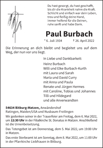 Traueranzeige von Paul Burbach von trierischer_volksfreund