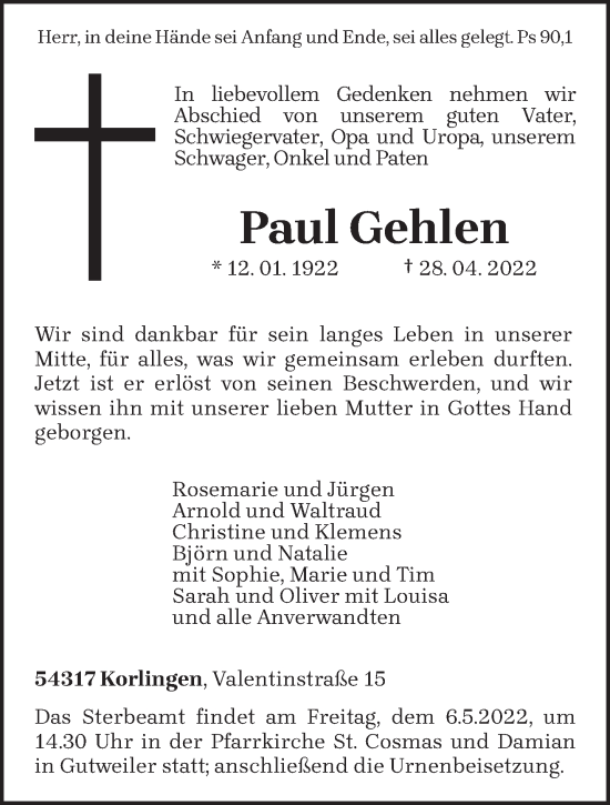 Traueranzeige von Paul Gehlen von trierischer_volksfreund