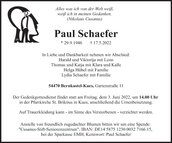 Traueranzeige von Paul Schaefer von trierischer_volksfreund