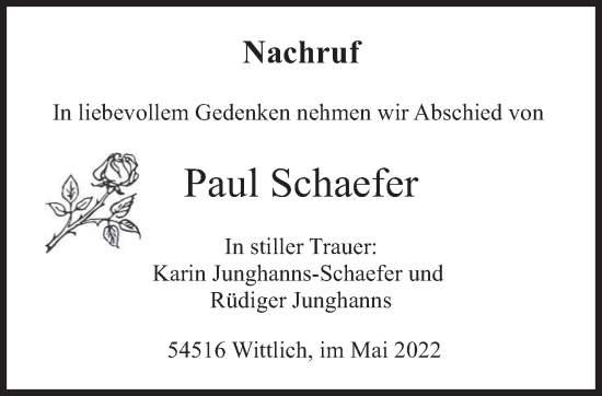 Traueranzeige von Paul Schaefer von trierischer_volksfreund