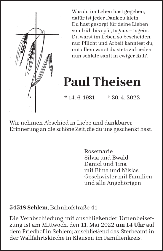 Traueranzeige von Paul Theisen von trierischer_volksfreund