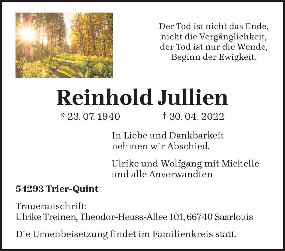  Traueranzeige für Reinhold Jullien vom 04.05.2022 aus trierischer_volksfreund