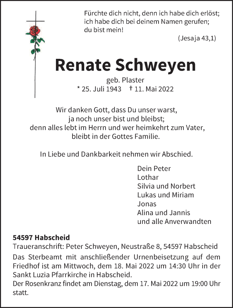  Traueranzeige für Renate Schweyen vom 14.05.2022 aus trierischer_volksfreund