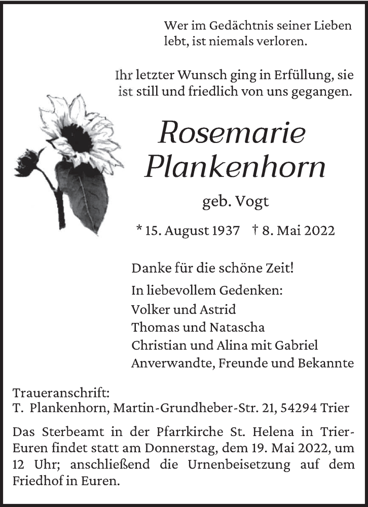  Traueranzeige für Rosemarie Plankenhorn vom 14.05.2022 aus trierischer_volksfreund