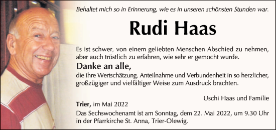 Traueranzeige von Rudi Haas von trierischer_volksfreund