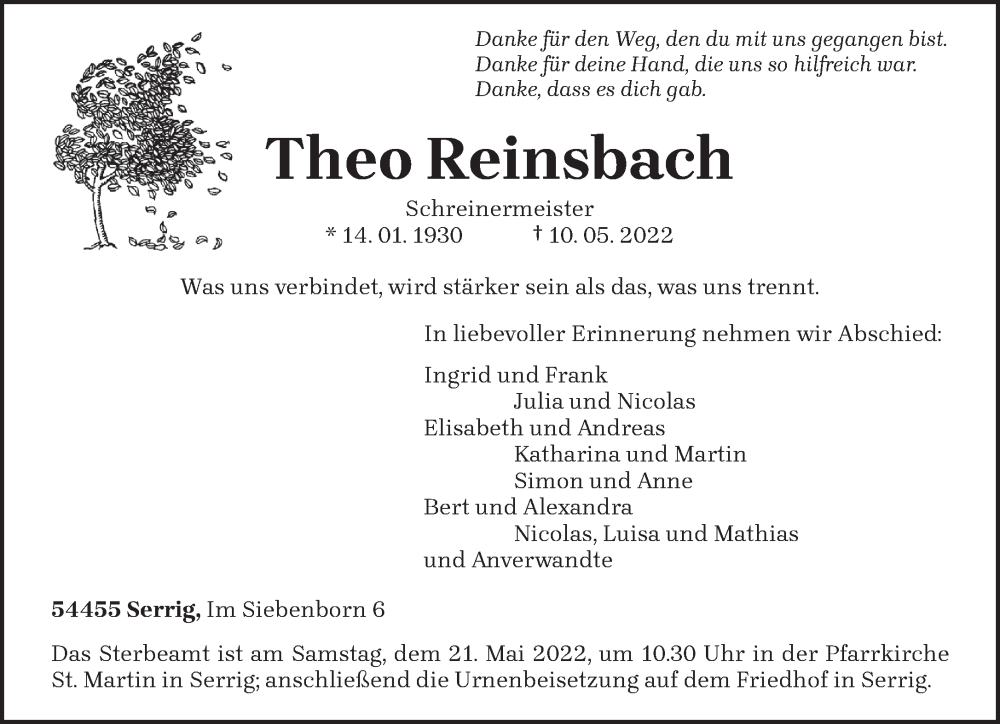  Traueranzeige für Theo Reinsbach vom 14.05.2022 aus trierischer_volksfreund