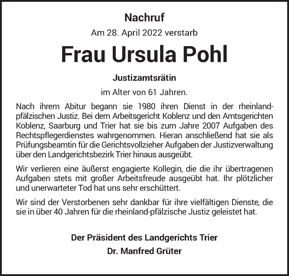  Traueranzeige für Ursula Pohl vom 10.05.2022 aus trierischer_volksfreund