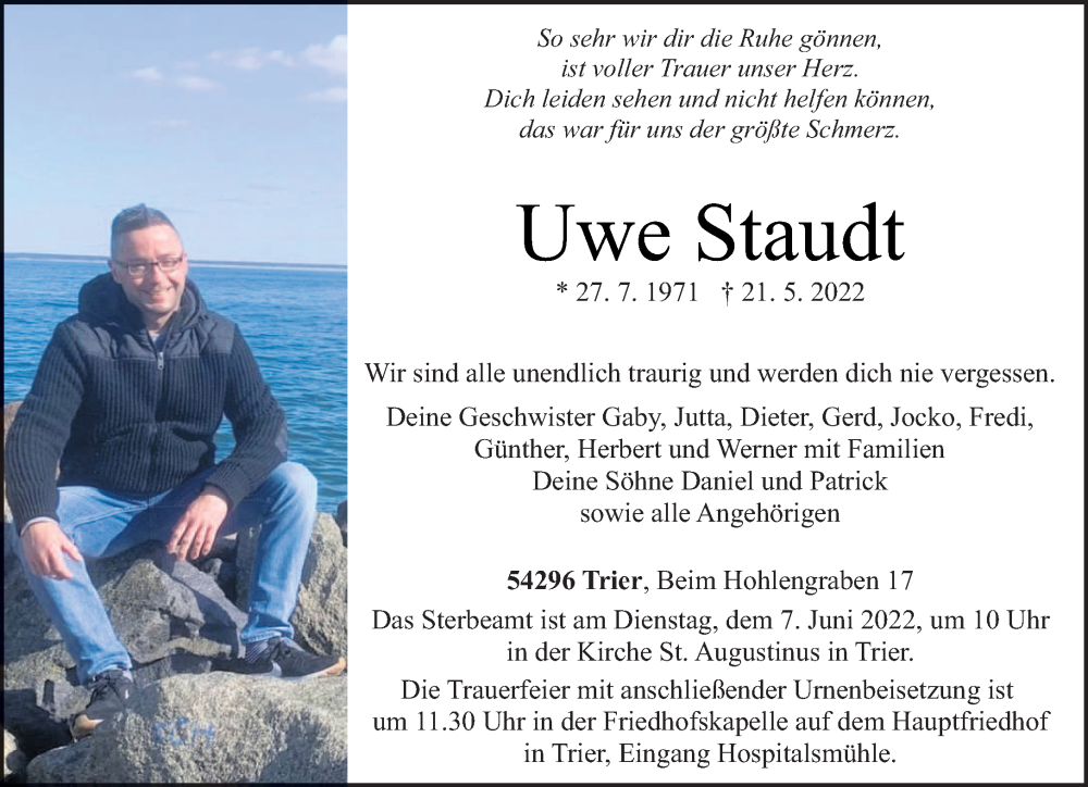  Traueranzeige für Uwe Staudt vom 28.05.2022 aus trierischer_volksfreund