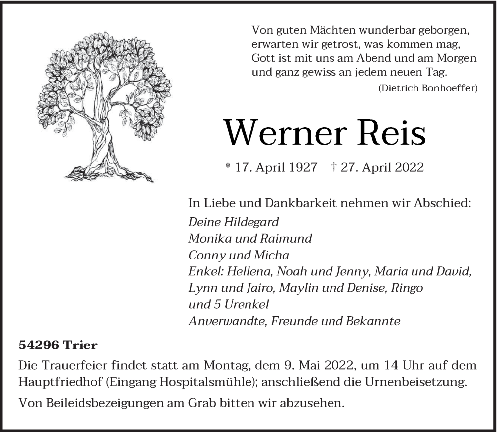  Traueranzeige für Werner Reis vom 03.05.2022 aus trierischer_volksfreund