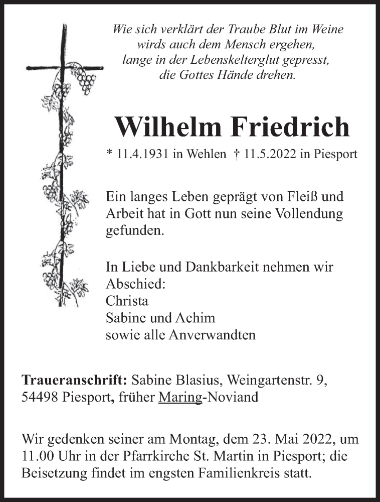  Traueranzeige für Wilhelm Friedrich vom 14.05.2022 aus trierischer_volksfreund