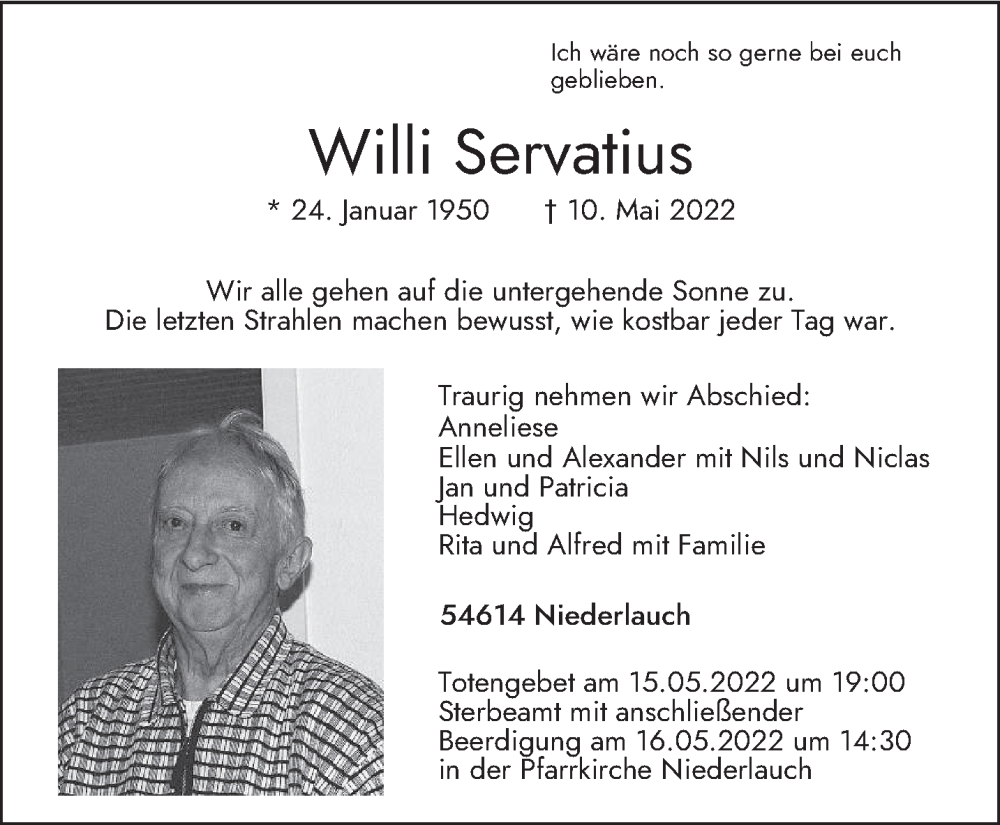  Traueranzeige für Willi Servatius vom 13.05.2022 aus trierischer_volksfreund