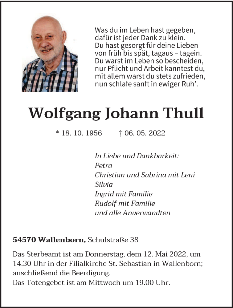  Traueranzeige für Wolfgang Johann Thull vom 09.05.2022 aus trierischer_volksfreund