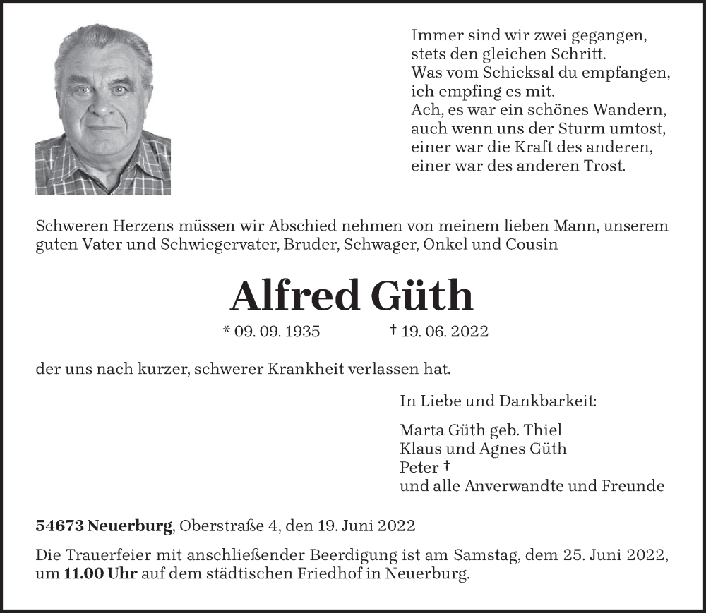  Traueranzeige für Alfred Güth vom 22.06.2022 aus trierischer_volksfreund