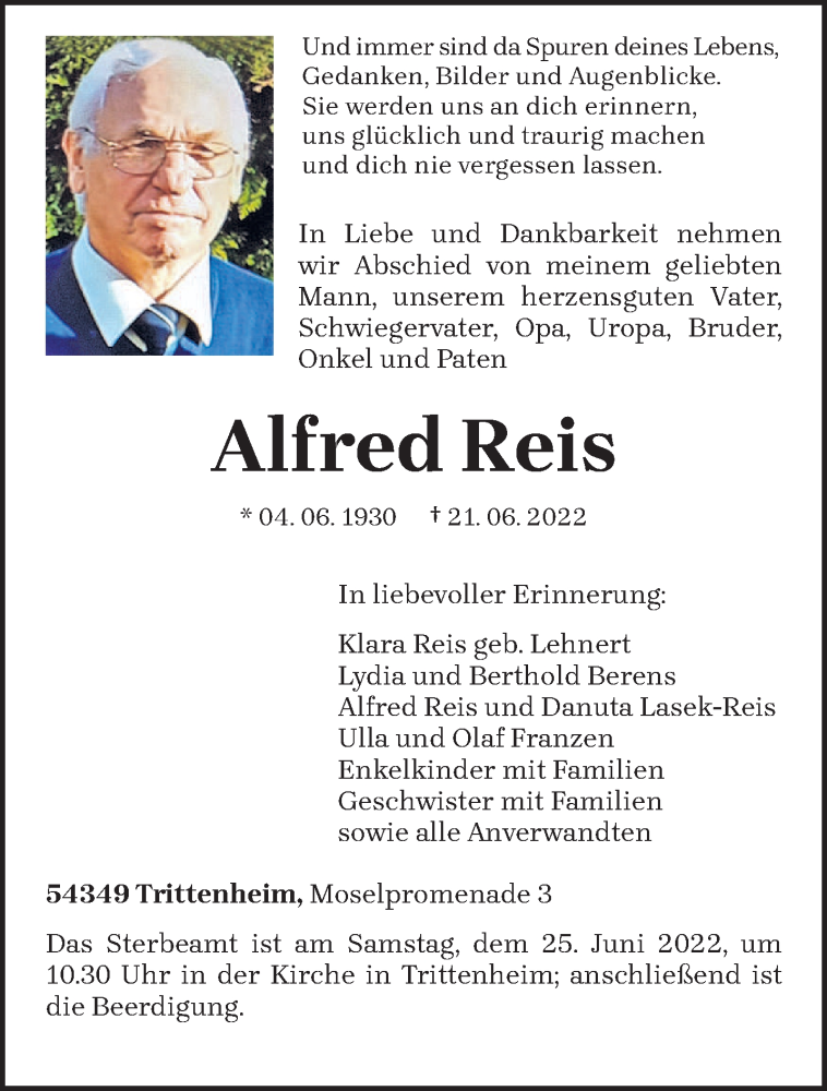  Traueranzeige für Alfred Reis vom 23.06.2022 aus trierischer_volksfreund