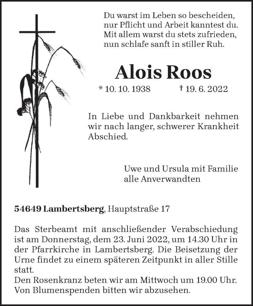  Traueranzeige für Alois Roos vom 21.06.2022 aus trierischer_volksfreund