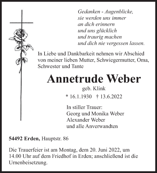Traueranzeige von Annetrude Weber von trierischer_volksfreund