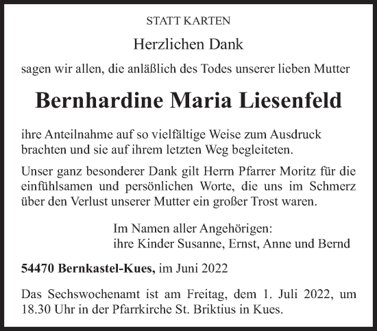 Traueranzeige von Bernhardine Maria Liesenfeld von trierischer_volksfreund