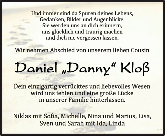 Traueranzeige von Daniel Kloß von trierischer_volksfreund