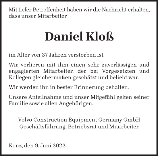 Traueranzeige von Daniel Kloß von trierischer_volksfreund