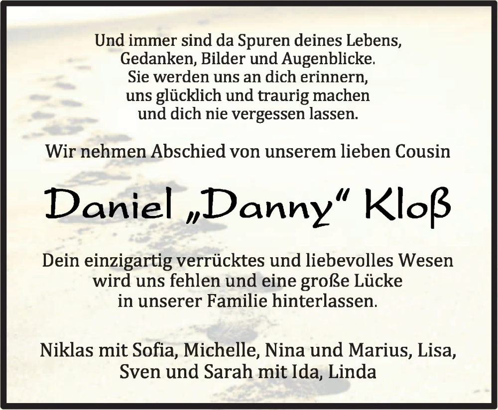  Traueranzeige für Daniel Kloß vom 11.06.2022 aus trierischer_volksfreund