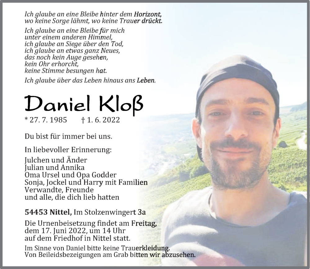  Traueranzeige für Daniel Kloß vom 11.06.2022 aus trierischer_volksfreund