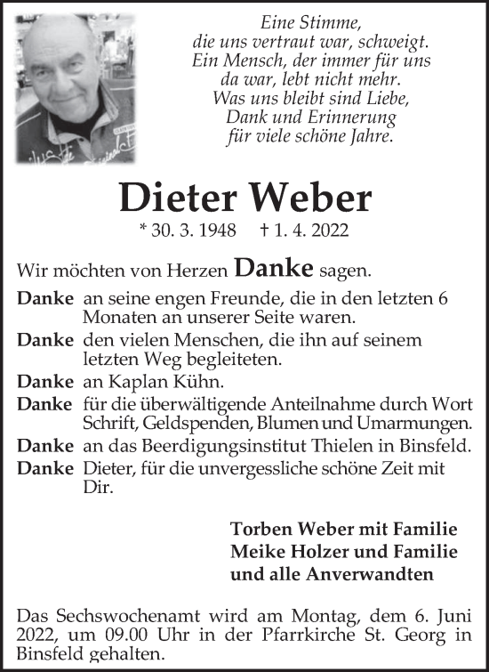 Traueranzeige von Dieter Weber von trierischer_volksfreund