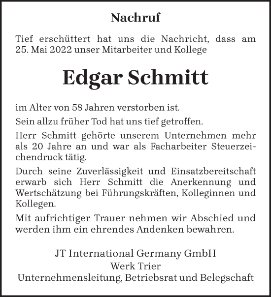 Traueranzeige von Edgar Schmitt von trierischer_volksfreund