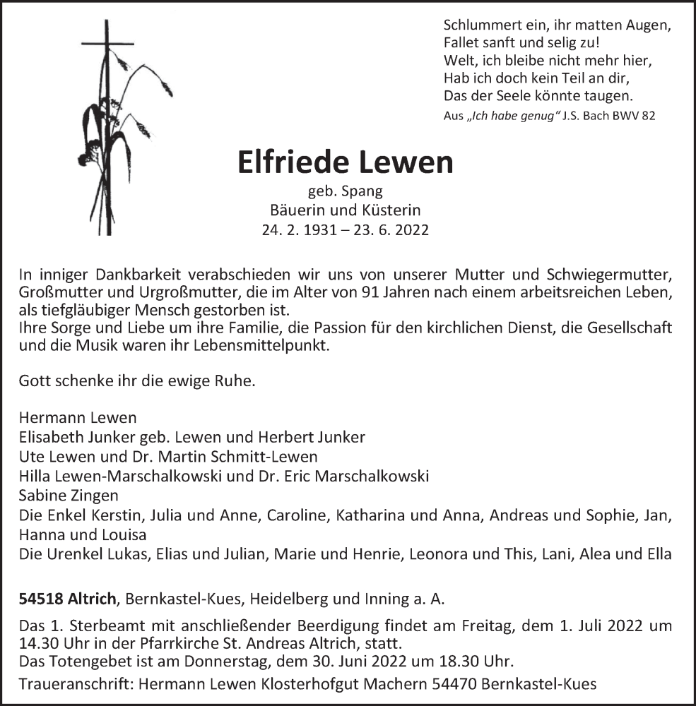  Traueranzeige für Elfriede Lewen vom 27.06.2022 aus trierischer_volksfreund