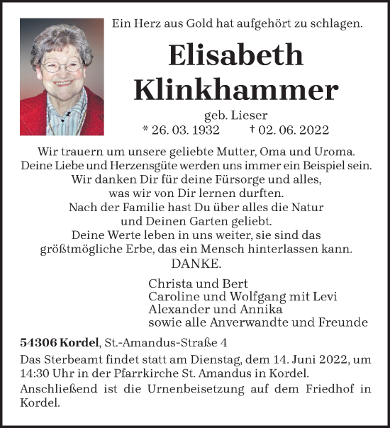 Traueranzeige von Elisabeth Klinkhammer von trierischer_volksfreund