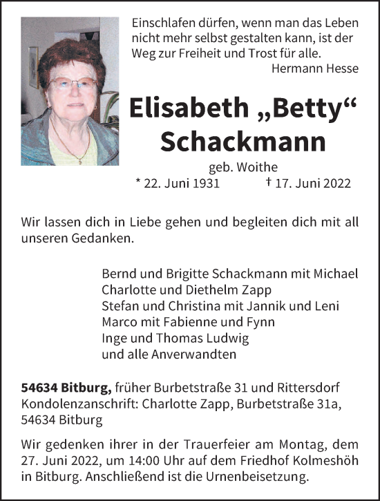 Traueranzeige von Elisabeth Schackmann von trierischer_volksfreund