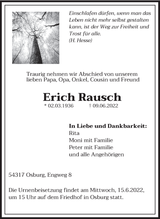 Traueranzeige von Erich Rausch von trierischer_volksfreund