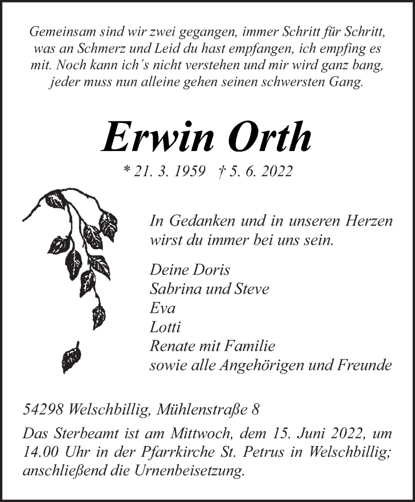  Traueranzeige für Erwin Orth vom 11.06.2022 aus trierischer_volksfreund