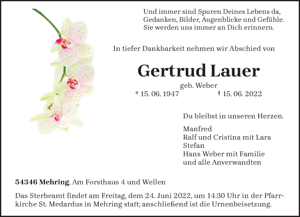  Traueranzeige für Gertrud Lauer vom 21.06.2022 aus trierischer_volksfreund