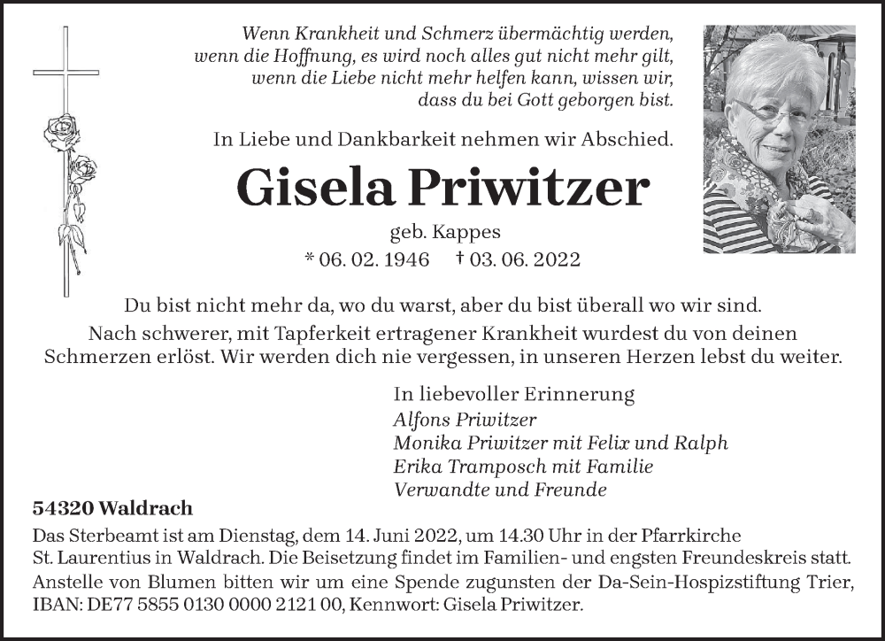  Traueranzeige für Gisela Priwitzer vom 08.06.2022 aus trierischer_volksfreund