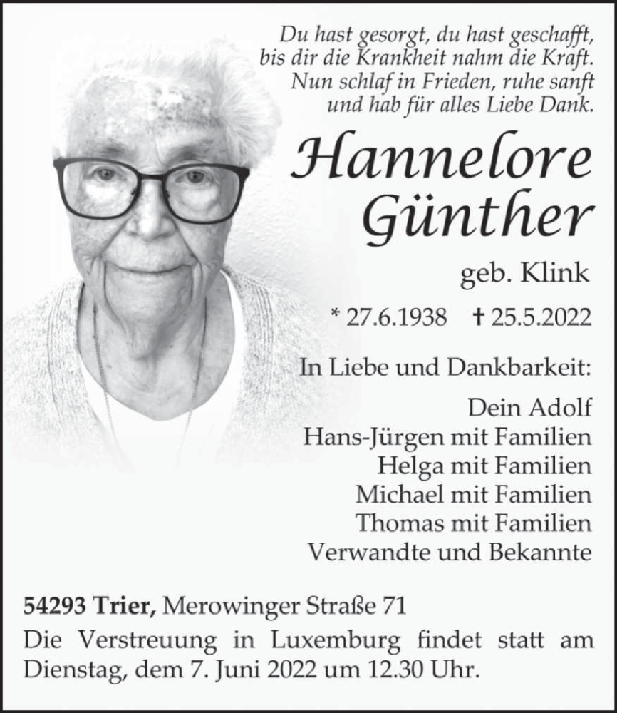  Traueranzeige für Hannelore Günther vom 03.06.2022 aus trierischer_volksfreund