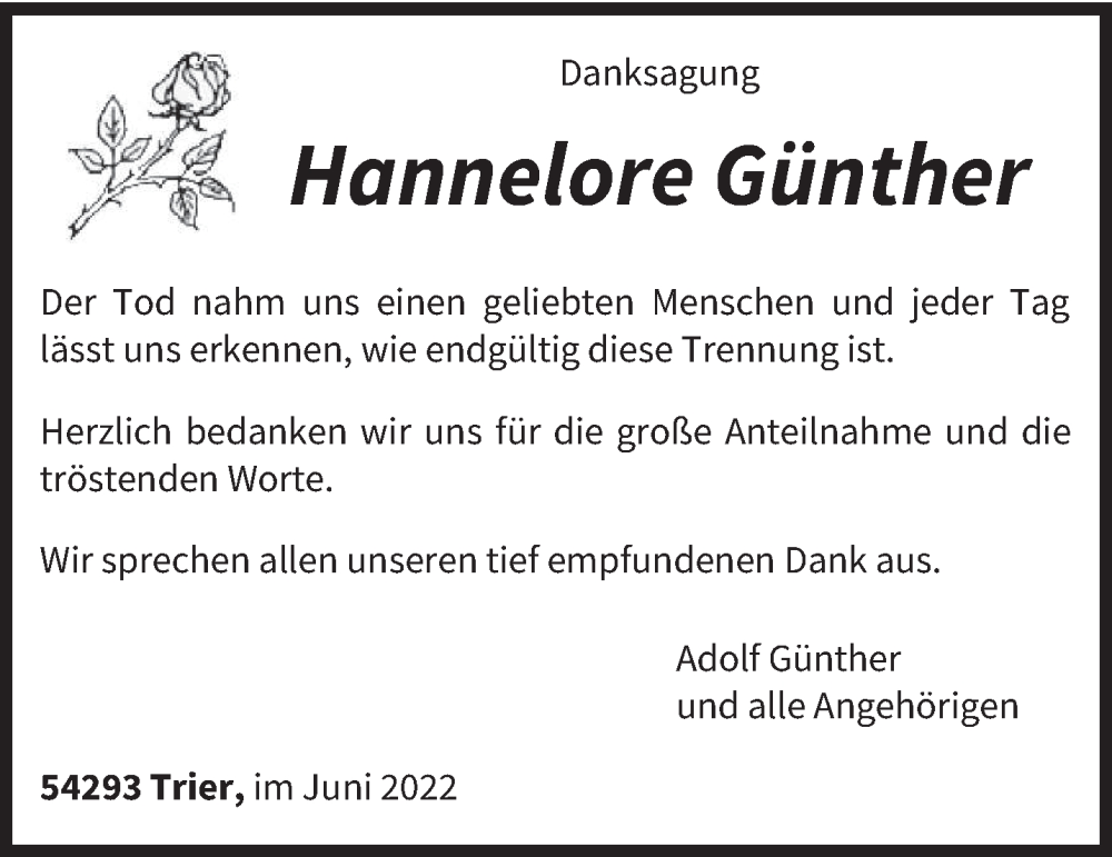  Traueranzeige für Hannelore Günther vom 25.06.2022 aus trierischer_volksfreund